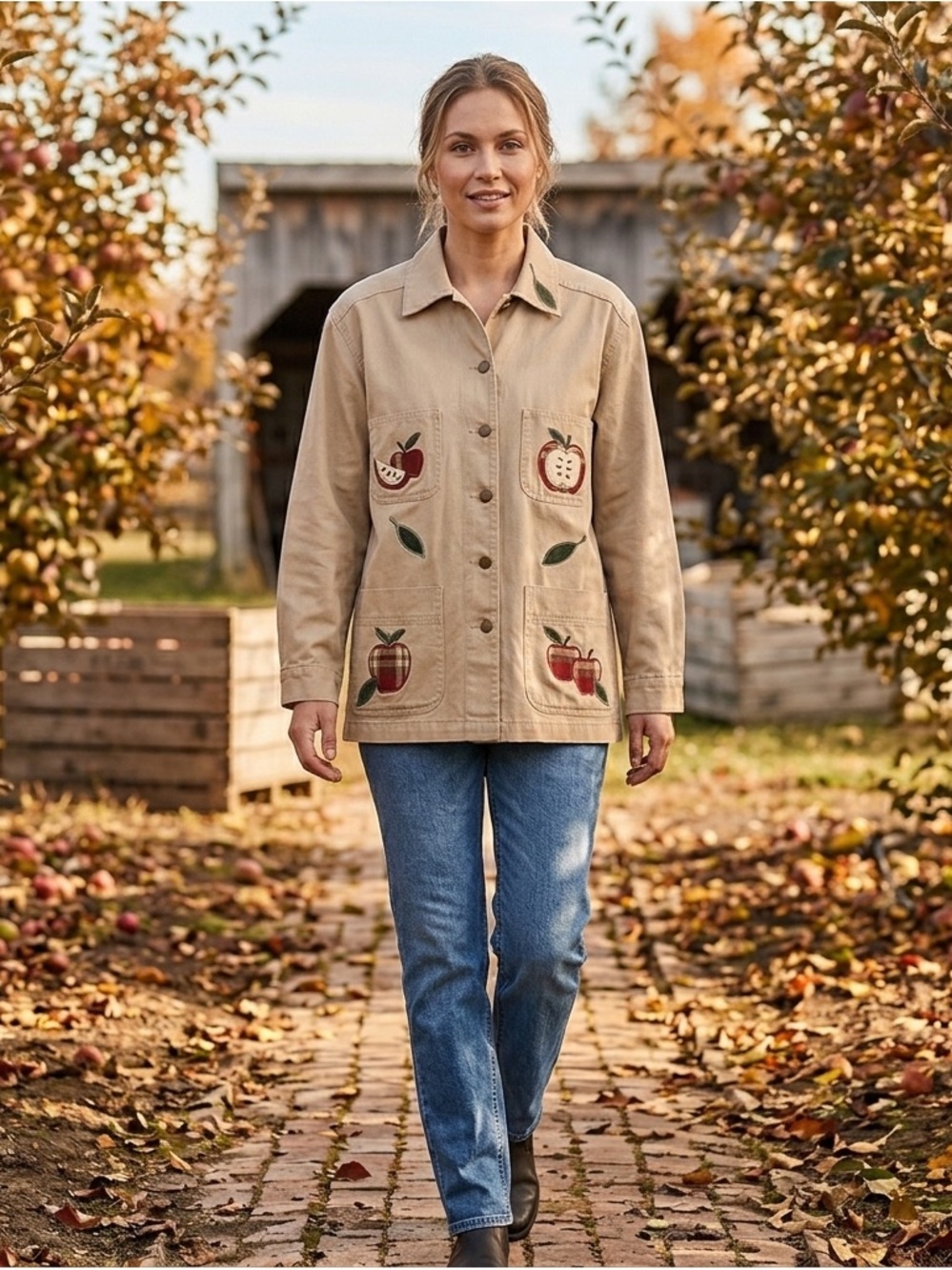 Longaberger VTG Beige Apple Appliqué Utility Jacket